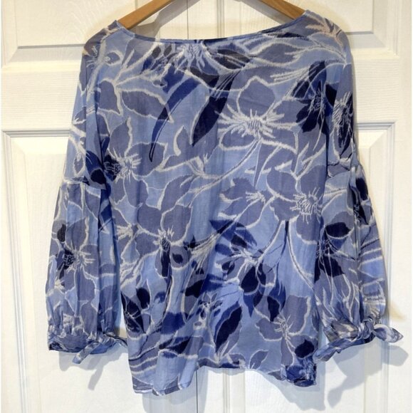 Clifford Michael Womens Blouse Sz 8 Blue Floral 3/4 Sleeve Silk Blend Chiffon‎ - Picture 5 of 9